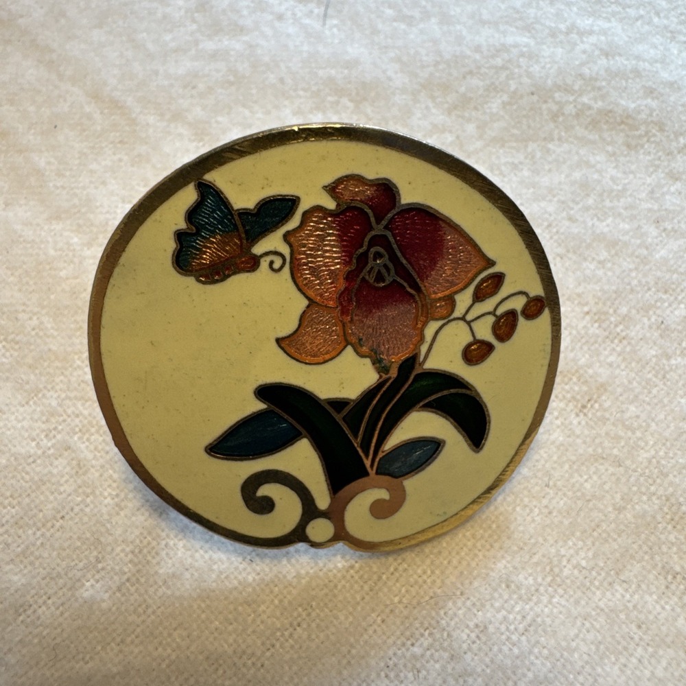 Vintage Scarf Clip Cloisonne Enamel Roses Butterfly Gold-tone Boho acc-
